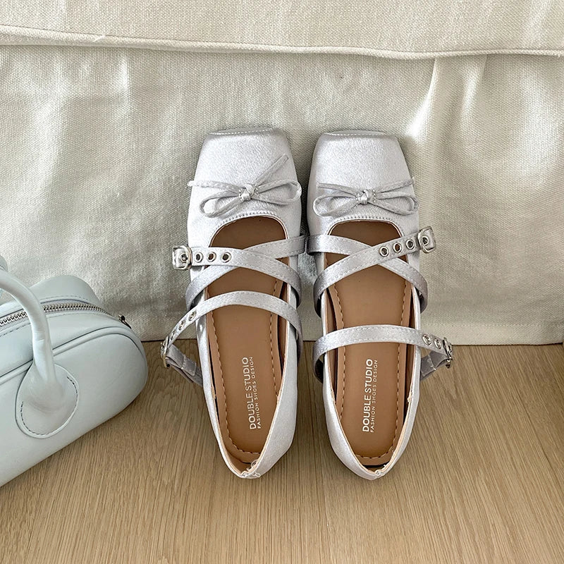 Butterfly-knot Flat Mary Jane Comfort Soft Sole Elegnat Square Toe Dress Ballets Shoes