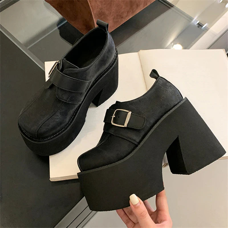 Chunky Platform Buckle Strap Street Style Round Toe Very Square High Heels Stripper Club