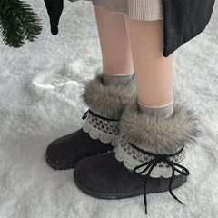 Sweet Lace Decoration Furry Suede Snow Boots Thick Bottom Fluffy Fur Ankle Boots Warm Plush Shoes