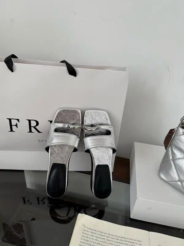 Shoes Woman Slippers Square Toe Slides Rivet Pantofle Flat Rivet Shoes Slippers Pan