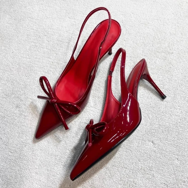 and pointed patent leather rhinestone bow shoes thin high-heeled banquet dress small size sandals