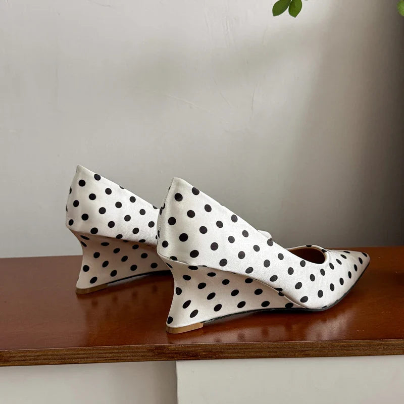 Wedges Heel Mary Jane Shoes Concise Shallow Slip On Shoes Elegant Pointed Toe Dress Polka Dot Pumps