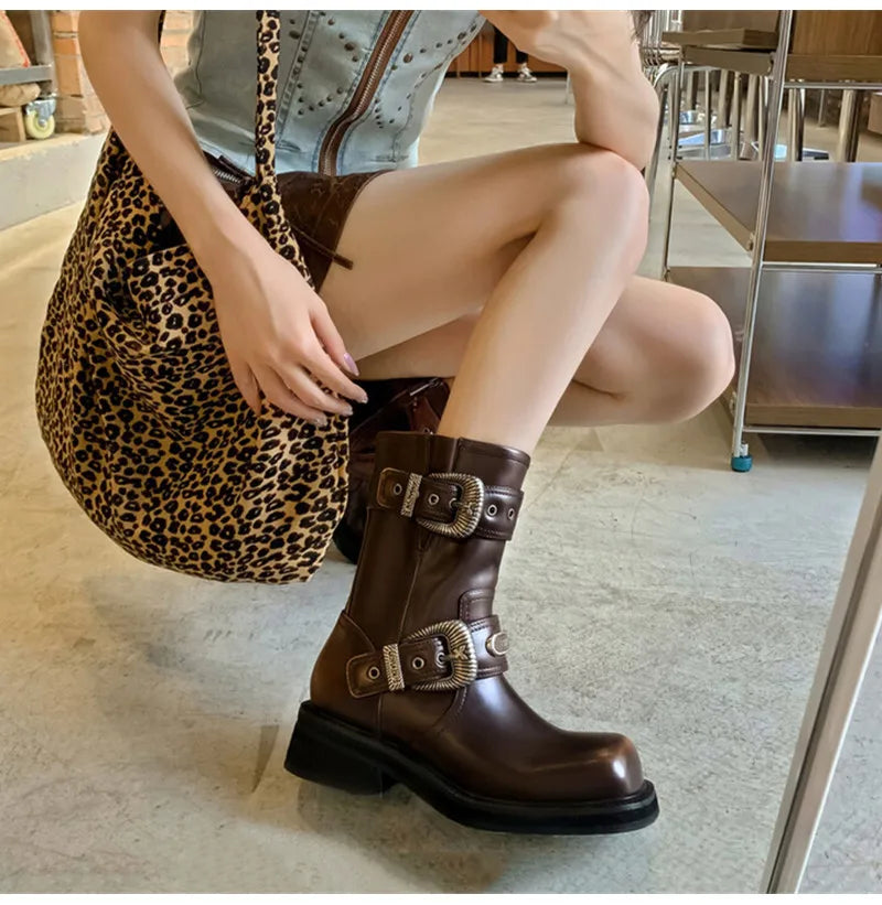 Metal Belt Buckle Motorcycle Boots Rivet Patent Leather Platform Wedge High heels Chunky Boots Shoes