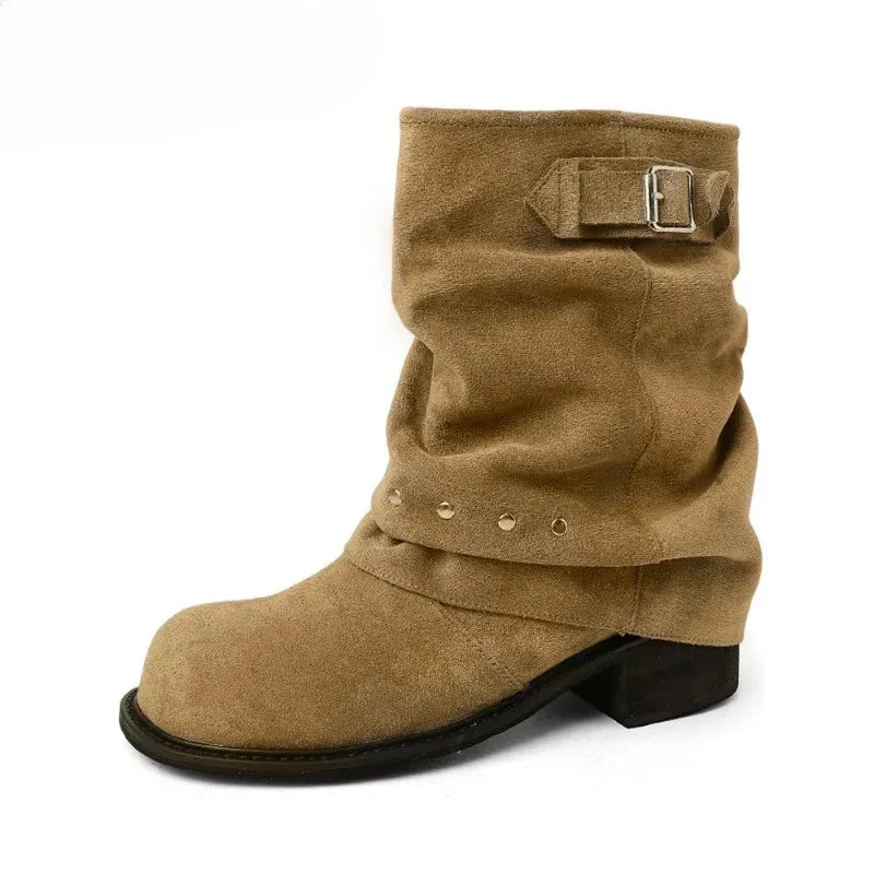 Pleated Western Ankle Boots Rivet Belt Buckle Shoes Concise Vintage Thick Heel Short Booties
