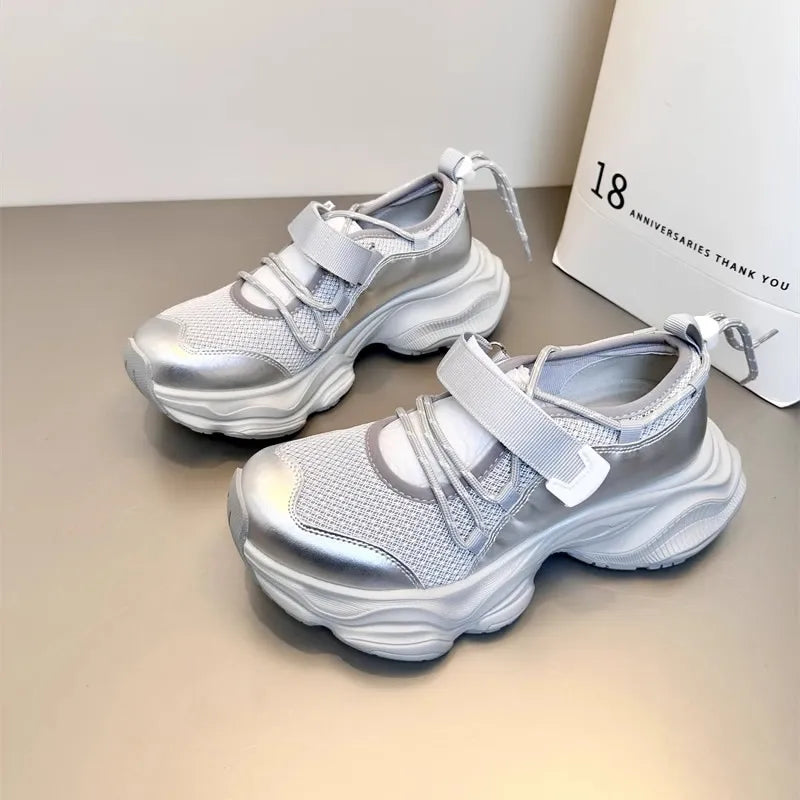 Breathable Mesh Hollow Out Thick Bottom Casual Sports Shoes Thin Mary Jane Shoes Magic Tape Leisure Sports Shoes