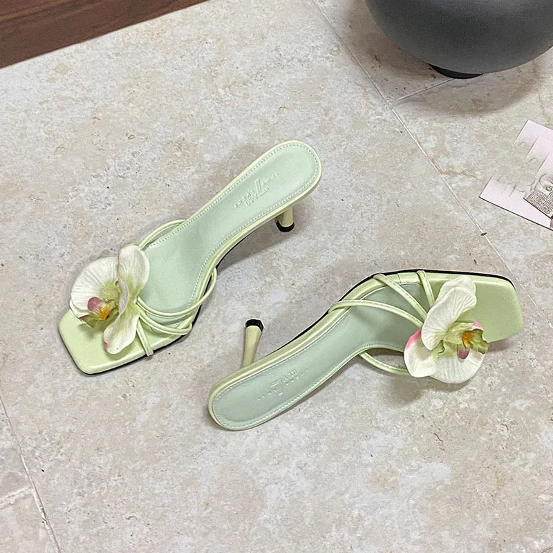 Slip Square Toe High Heels Pumps Slides Shoes Flower Thin Heels Shoes 2025