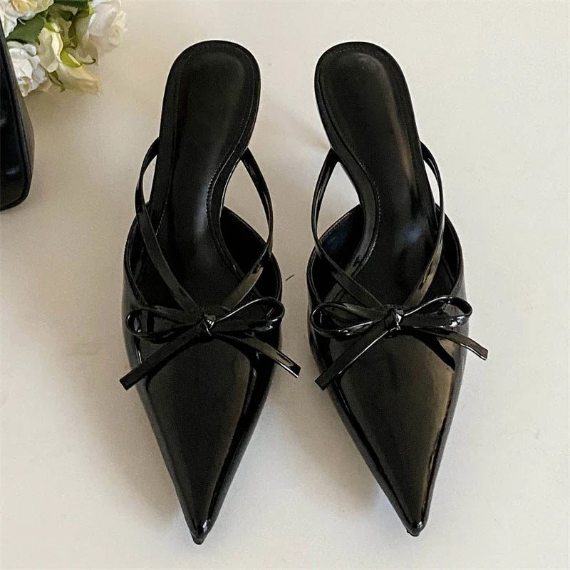 Silver White Butterfly-knot Pointed Toe Slippers Shoes Elegant Party Dress Thin Heels Sandals