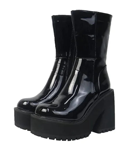 Platform Chunky High Heeled Knee High Boots Cool Round Toe Cute Sweet Heeled Boots Gothic Uniform