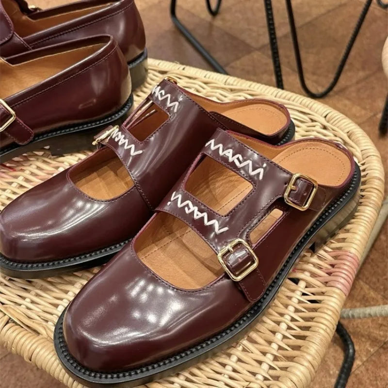 Niche British Style Embroidered Letter Small Leather Shoes Metal Buckle Loafers Shoes
