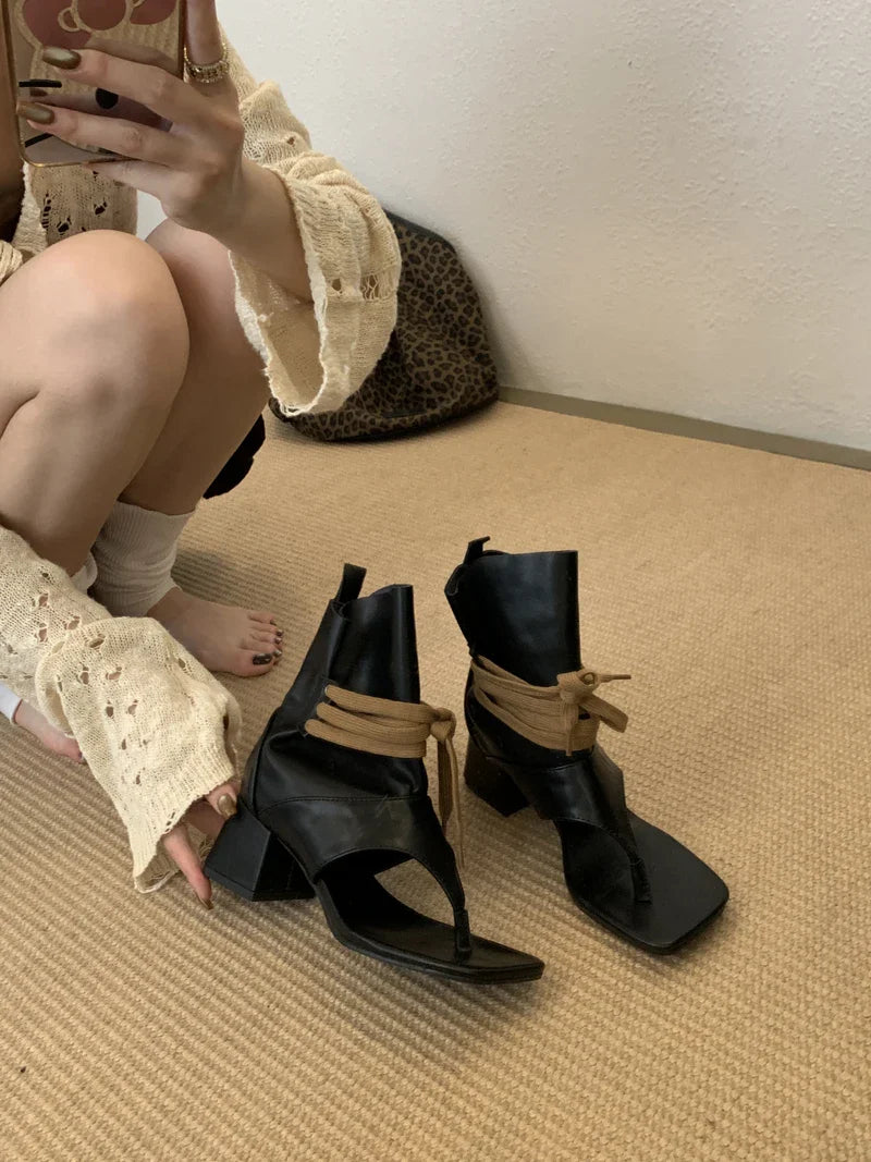 Woman Chunky Heels Boots Thong High-toe Shoes Lace Up High Heels Sandals Trends