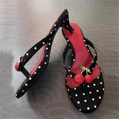 Bohemian Style Polka Dot Round Toe Thin Low Heels Slippers Mules Slides Shoes Crystal Rhinestone Sandals Flip Flops