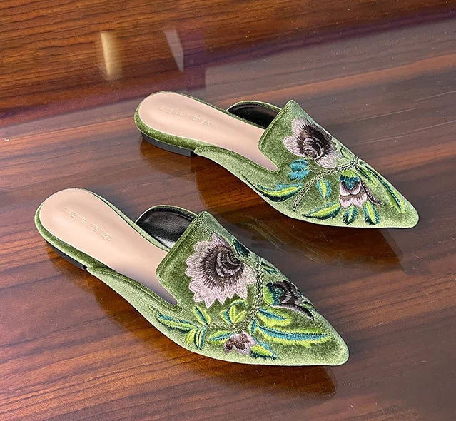 Embroidery Velour Shoes Woman Strange Heel Slippers Design Mules Femme Pointed Toe Wedges Tacones Slides Slip On Pantuflas Mujer
