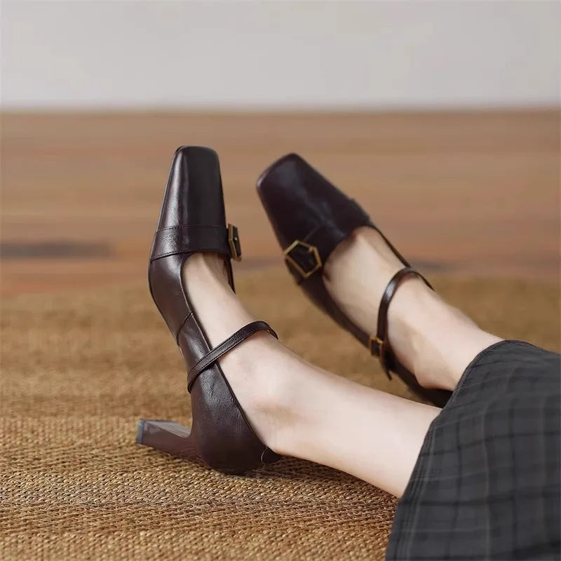 Metal Buckle Decoration Mary Jane Shoes Comfortable Leather High Heels Elegant Chunky Heel Zapatos De Mujer