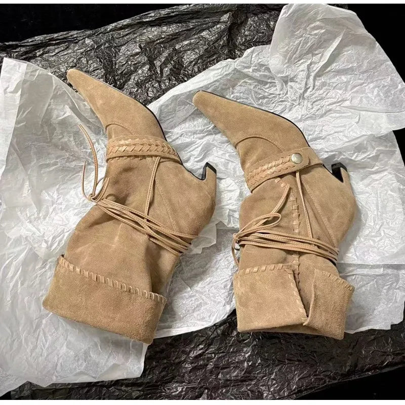 Faux Suede Weave Lace-up Motorcycle Boots High heels Chelsea Western Mid-Calf Short Booties Shoes