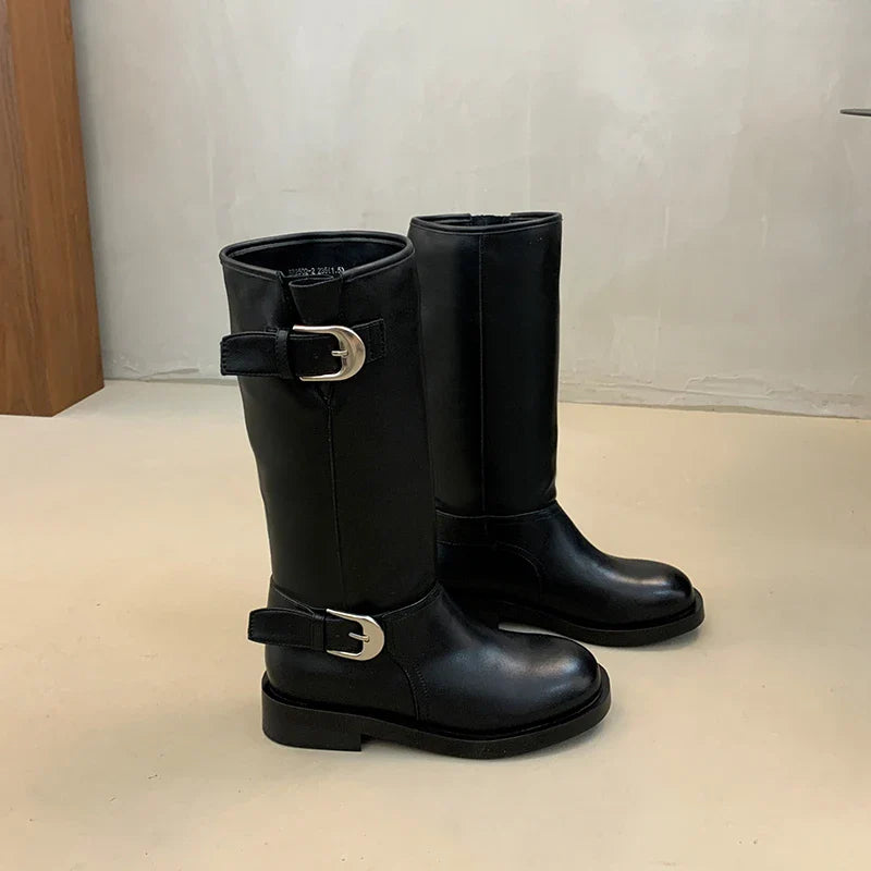 Belt Buckle Knight High Boots Thick Heel Shoes Vintage Slip On Slim Long Booties Zapatos De Muje