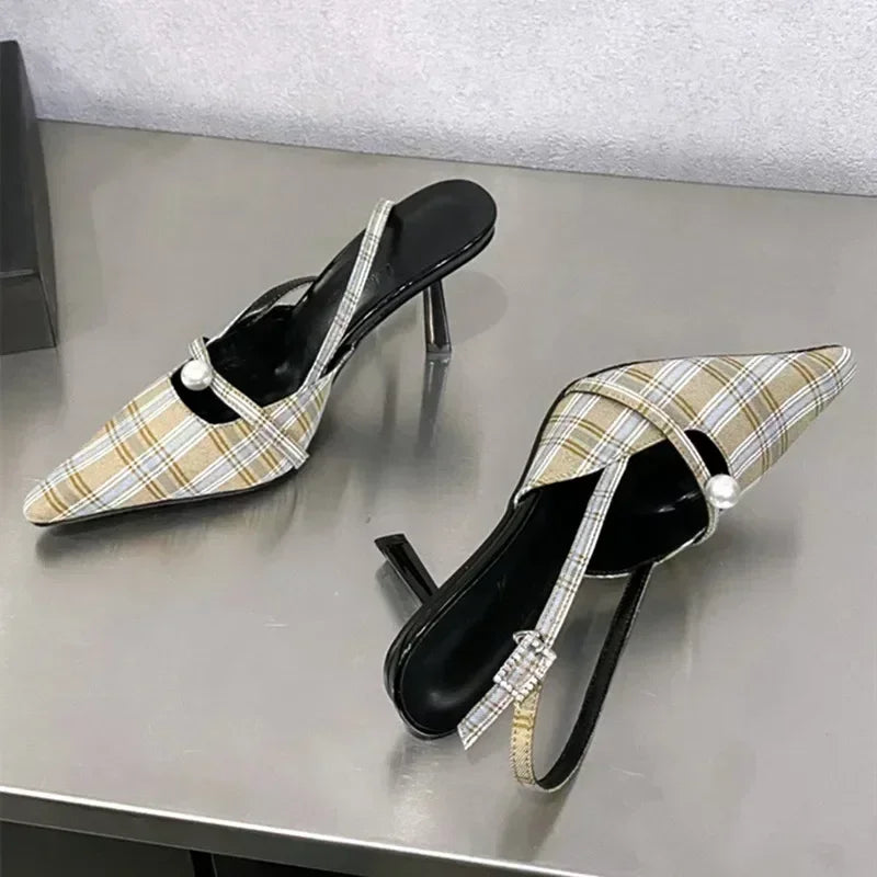 Pointed Toe Retro Plaid High Heels Elegant Slingbacks Shoes Office Sandalias De Mujer