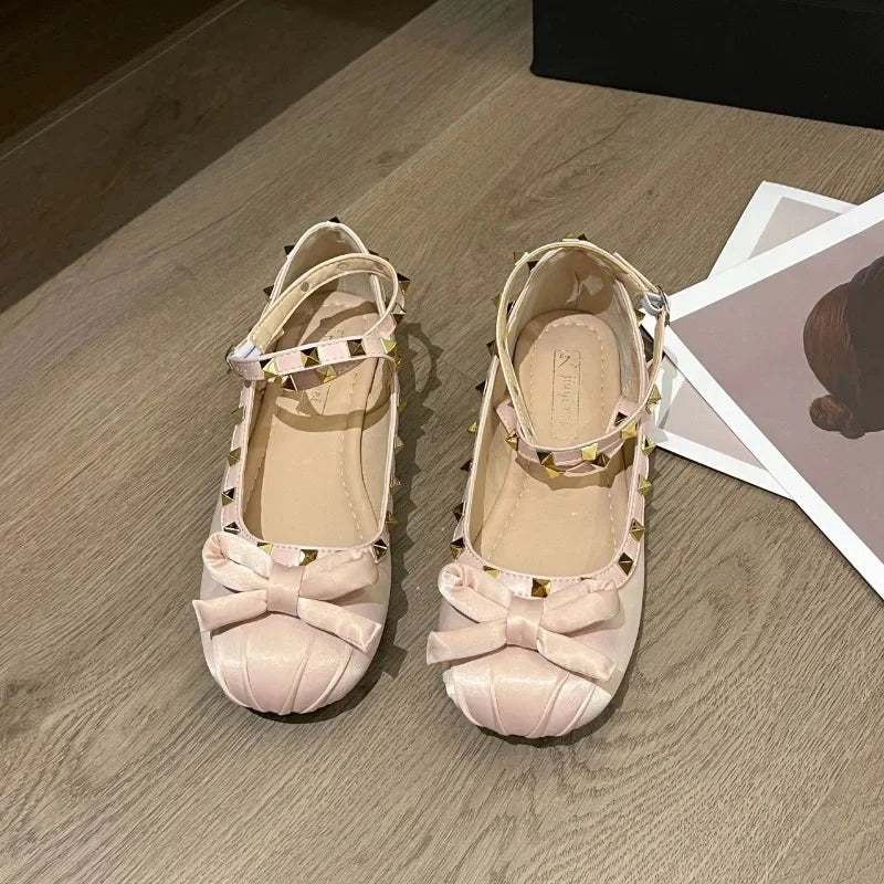 Shoes Rivets Causal Ballet Flats Bowknot Versatile Flat Shoes Ankle-strap