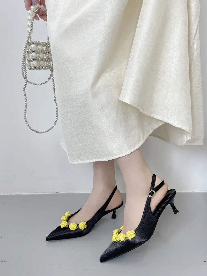 Pink High Heels Pointed Toe Slingback Shoes Small Flower Low Heel Office Shoes Black Pumps White Talons Femme