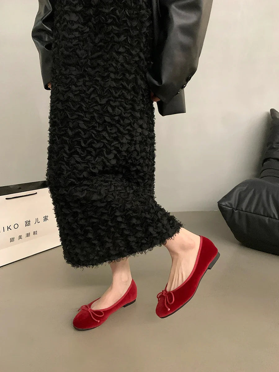 Red Flat Shoes Shallow Slip On Elegant Ballerinas Shoes Soft Flat Heel Outdoor Casual Mary Jane
