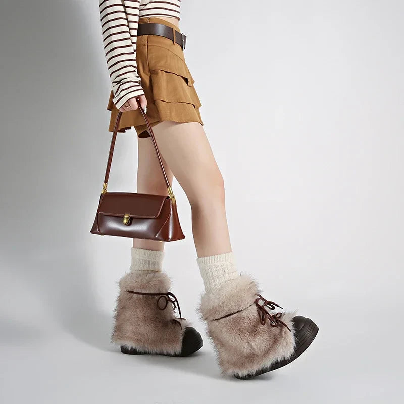 Furry Lace Up Snow Boots Concise Height Increase Shoes Thick Sole Warm Cotton Short Booties Zapatos De Muje