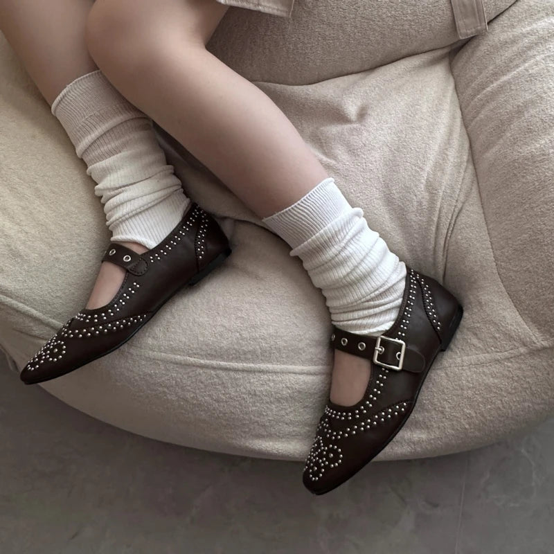 Retro Rivet Mary Jane Shoes Belt Buckle Round Toe Ballet Flats Comfortable Soft Sole Flat Shoes Zapatos De Mujer