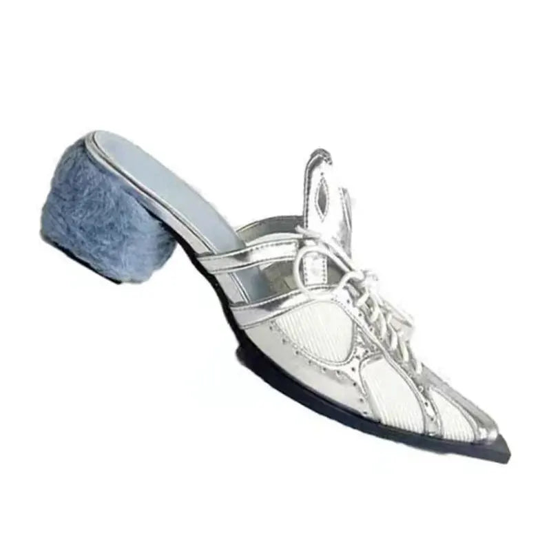 Hollow Out Pointed-Toe Color-Block High Heels Comfortable Breathable Casual Sandals Plush Heel Mules Personality Shoes