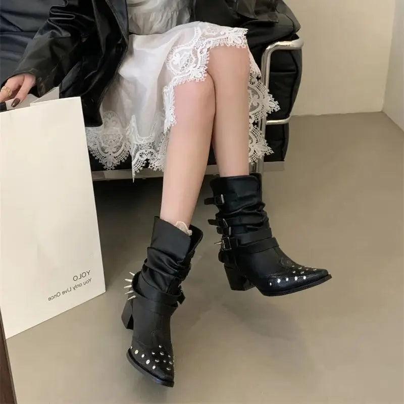 Black Gothic Shoes Platform Rivet Belt Buckle Chunky Heels Ankle Boots Punk Woman Cowboy Western Boots Arrival