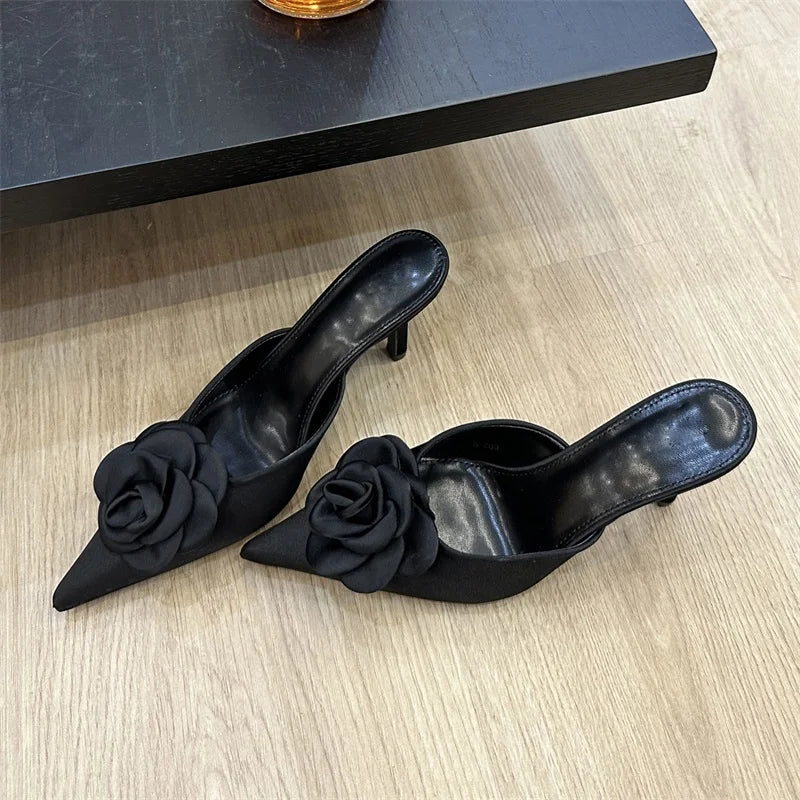 Flower Pointed Toe Shallow Thin High Heels Shoes Slide Mule Slippers