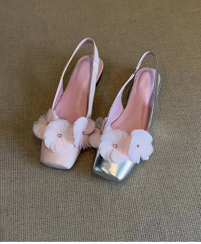 Flower Mules Sandals Square Toe Slip On Singbacks Shoes Elegant Dress Flats Sandalias