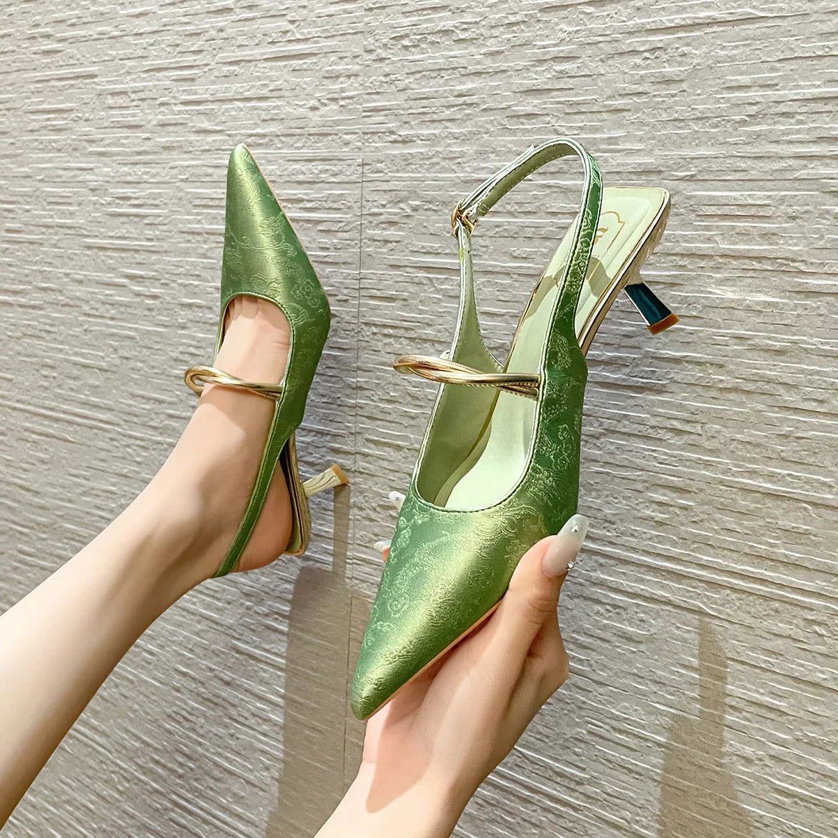 Satin Pointed Toe High Heels Sandals Green Slingback Party Muller Pumps