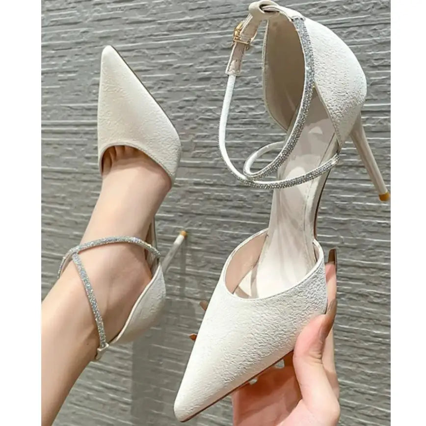 Rhinestone High Heels Pumps Buckle Wedding Shoes Pointed Stiletto Heel T-Heel Sandals