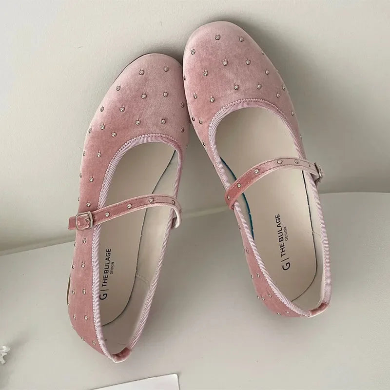 Cute Satin Velvet Rivet Decoration Flat Shoes Comfort Mary Jane Shoe Elegant Ballet Flats Loafers