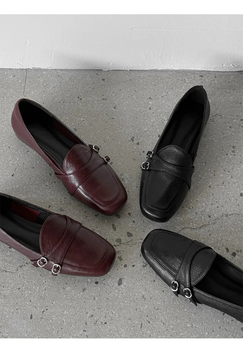 Elegant Burgundy Square Toe Loafers Metal Buckle Stitching Shoes Comfortable Commuting Flat Office Shoes
