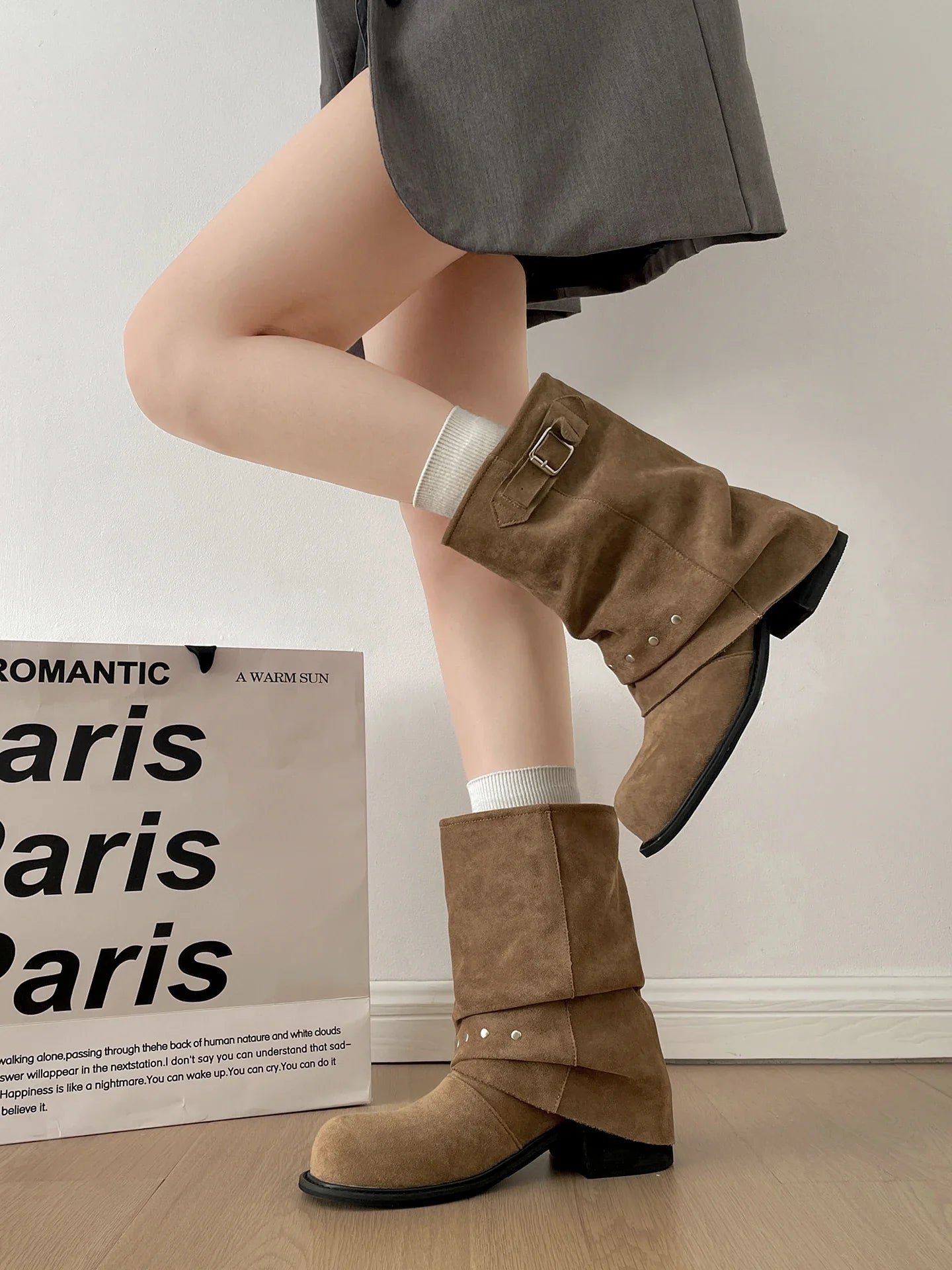Pleated Western Ankle Boots Rivet Belt Buckle Shoes Concise Vintage Thick Heel Short Booties