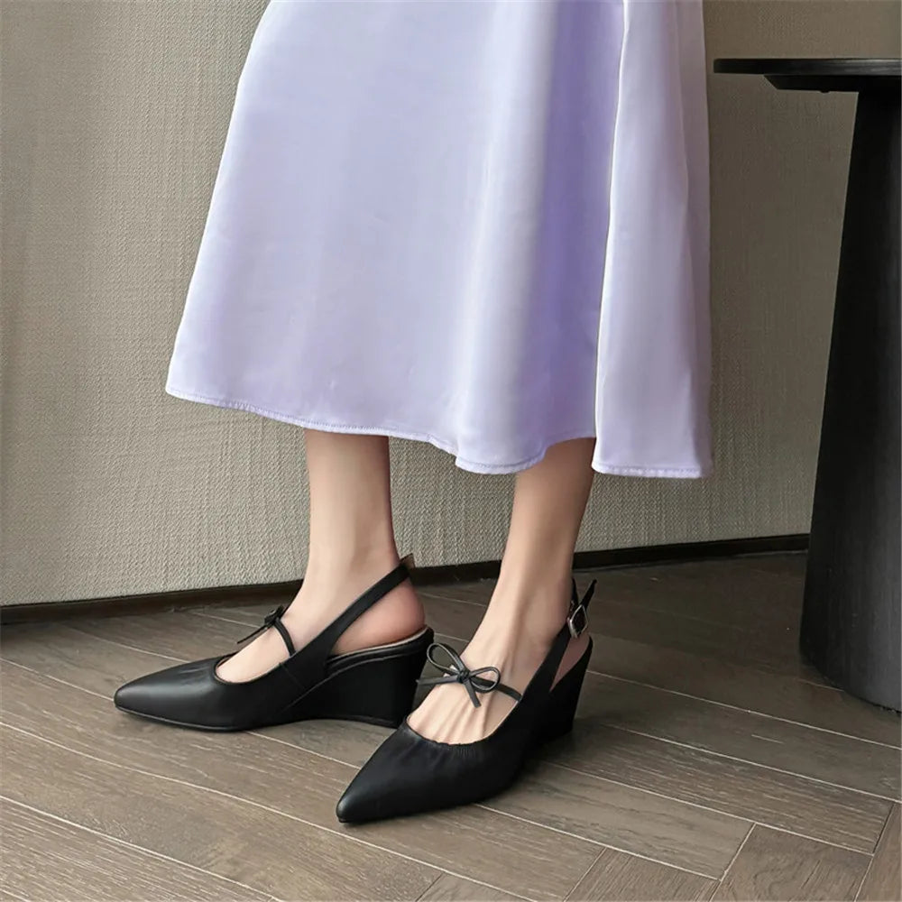 Genuine Leather Slingbacks Pumps Pointed Toe Silver Black Wedges Heels Shoes Woman Pumps