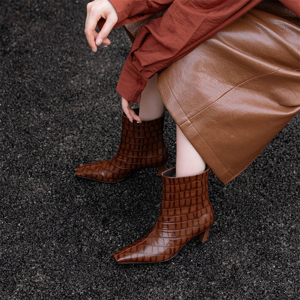 Stone Pattern Leather High Heels Short Shoes Office Lady Party Dancing Shoes Ankle Boots