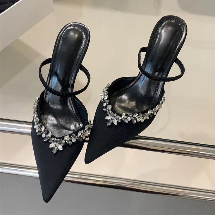 Pointed Toe Slippers Crystal Thin Heels Party Dress Mule shoes