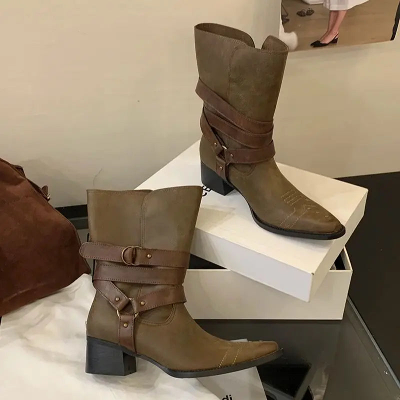 Black Chunky Heels Ankle Boots Woman Pointed Toe Rivet Fall Shoes Belt Buckle Western Style Cowboy Boots Zapatos Mujer