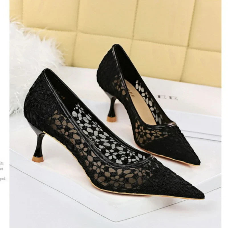 Shoes Banquet Shoes Fine Heel High Heel Pointed -headed Mesh Hollow Lace Shoes