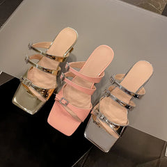 Design Slippers Buckles High Heels Sandals Party Office Genuine Leather Pumps Shoes Woman