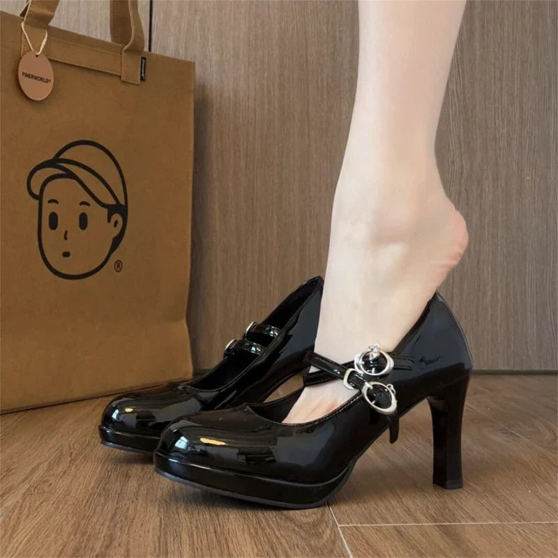 Thick Heel Mary Jane Shoes Concise Shallow Belt Buckle Shoes Outdoor Elegant Dress Dancing Pumps