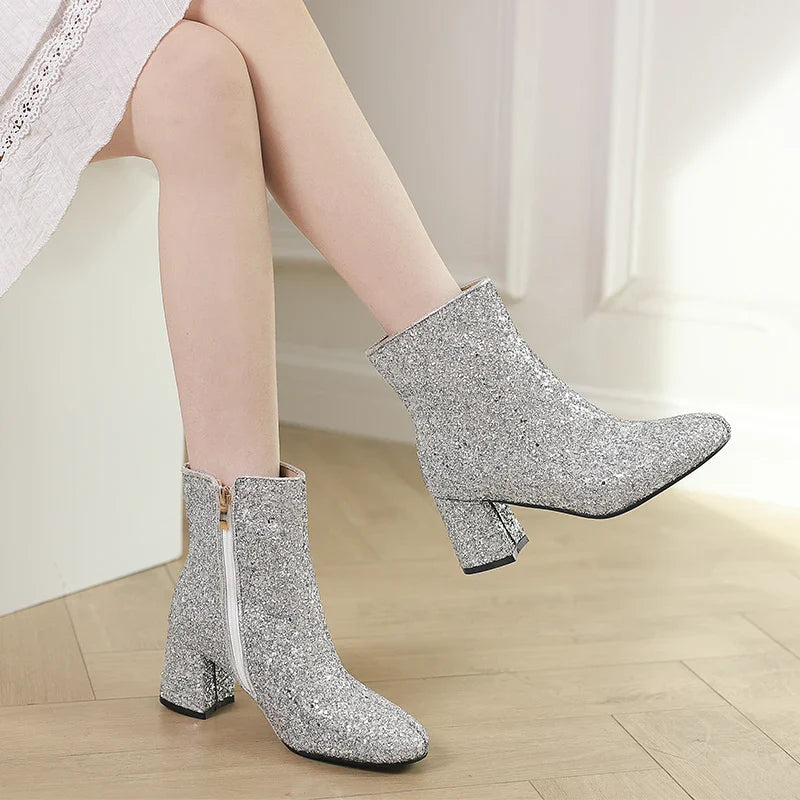 Big Size 48 49 50 Gold Silver Blue Sequined Cloth Glitter Shoes Chunky High Heels Bling Party Ankle Chelsea Boots