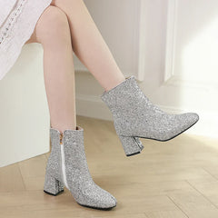 Big Size 48 49 50 Gold Silver Blue Sequined Cloth Glitter Shoes Chunky High Heels Bling Party Ankle Chelsea Boots
