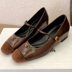 Simple Flower Mary Jane Shoes Round Head One Strap Vintage Metal Buckle Casual Office Square Heel Flat Shoes