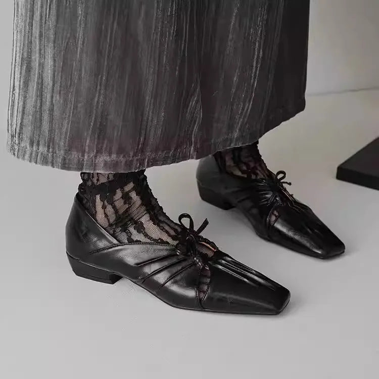 Pleated Hollow Mary Jane Style Shoes with Bow Design Flat Shoes Square Toe Casual Comfortable Outdoors Shoes Fashion