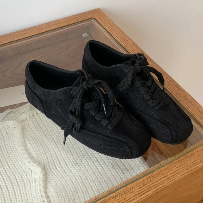 Retro Lace Up Flat Shoes Coyz Square Toe Ballet Sneakers Lightweight Non-Slip Outdoor Walking