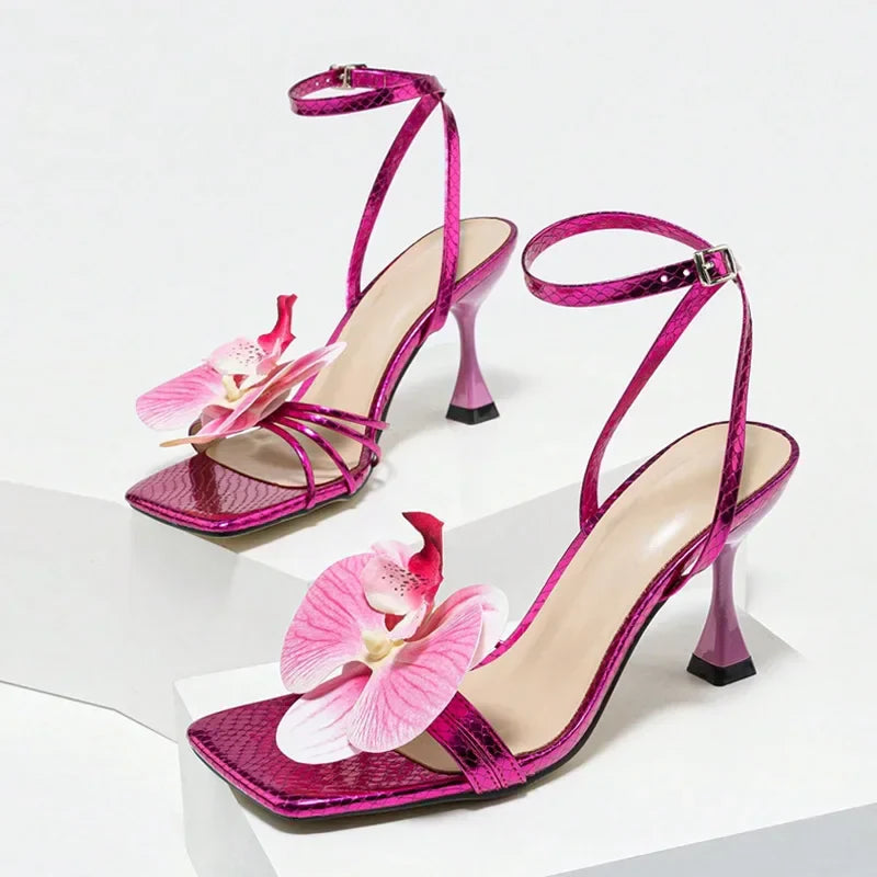 Flowers Square Toe Open Toe High Heel Brand Design Narrow Band Party Thin High Sandals Stripper Shoes