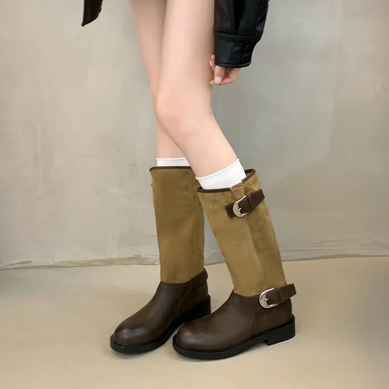 Belt Buckle Knight High Boots Thick Heel Shoes Vintage Slip On Slim Long Booties Zapatos De Muje