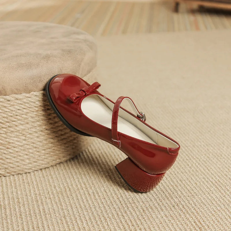 Round toe bowtie mary janes pumps thick high heels lolita shoes ankle strap japanned leather talons femmes