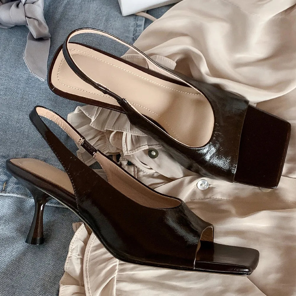 genuine leather thin high heel square toe slip-on sandals elegant evening dress pumps heels daily shoes
